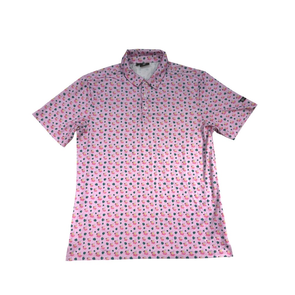GreenSide‎ Golf Polo Mens Large Pink Flamingo Cocktail Tropical Stretch Shirt
